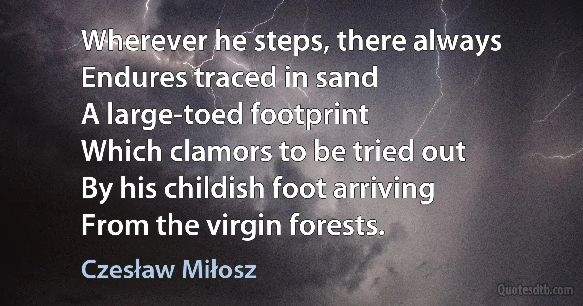 Wherever he steps, there always
Endures traced in sand
A large-toed footprint
Which clamors to be tried out
By his childish foot arriving
From the virgin forests. (Czesław Miłosz)