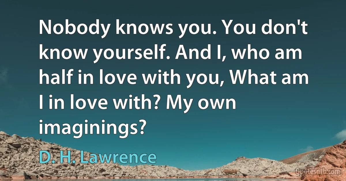 Nobody knows you. You don't know yourself. And I, who am half in love with you, What am I in love with? My own imaginings? (D. H. Lawrence)