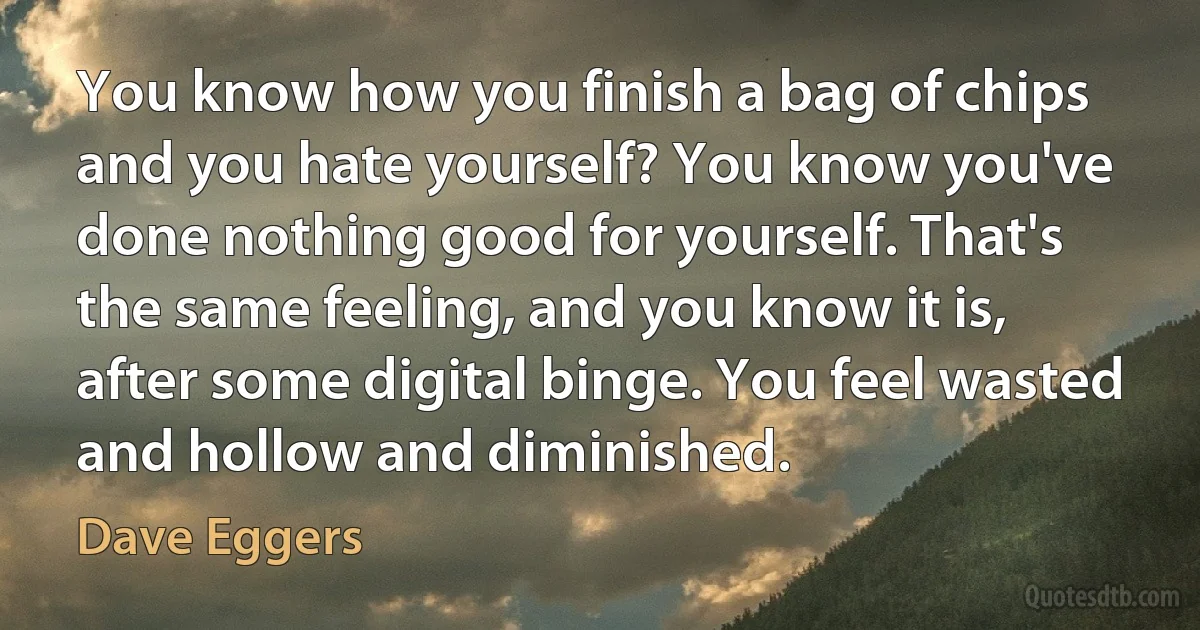 You know how you finish a bag of chips and you hate yourself? You know you've done nothing good for yourself. That's the same feeling, and you know it is, after some digital binge. You feel wasted and hollow and diminished. (Dave Eggers)