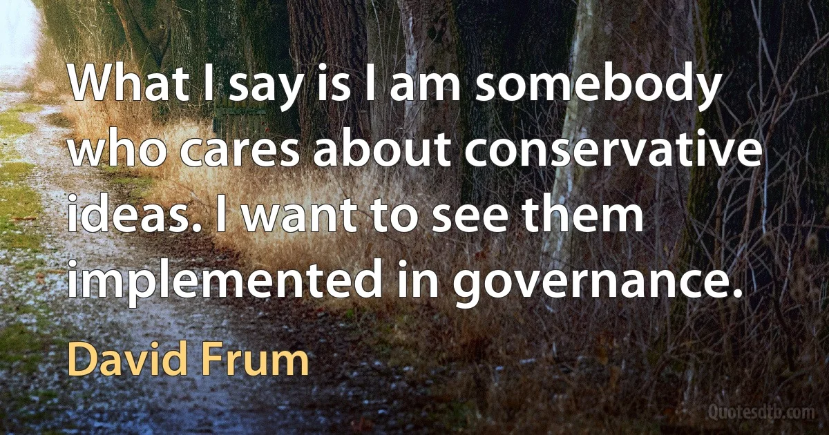 What I say is I am somebody who cares about conservative ideas. I want to see them implemented in governance. (David Frum)