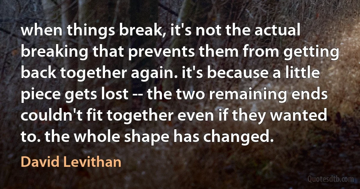 when things break, it's not the actual breaking that prevents them from getting back together again. it's because a little piece gets lost -- the two remaining ends couldn't fit together even if they wanted to. the whole shape has changed. (David Levithan)