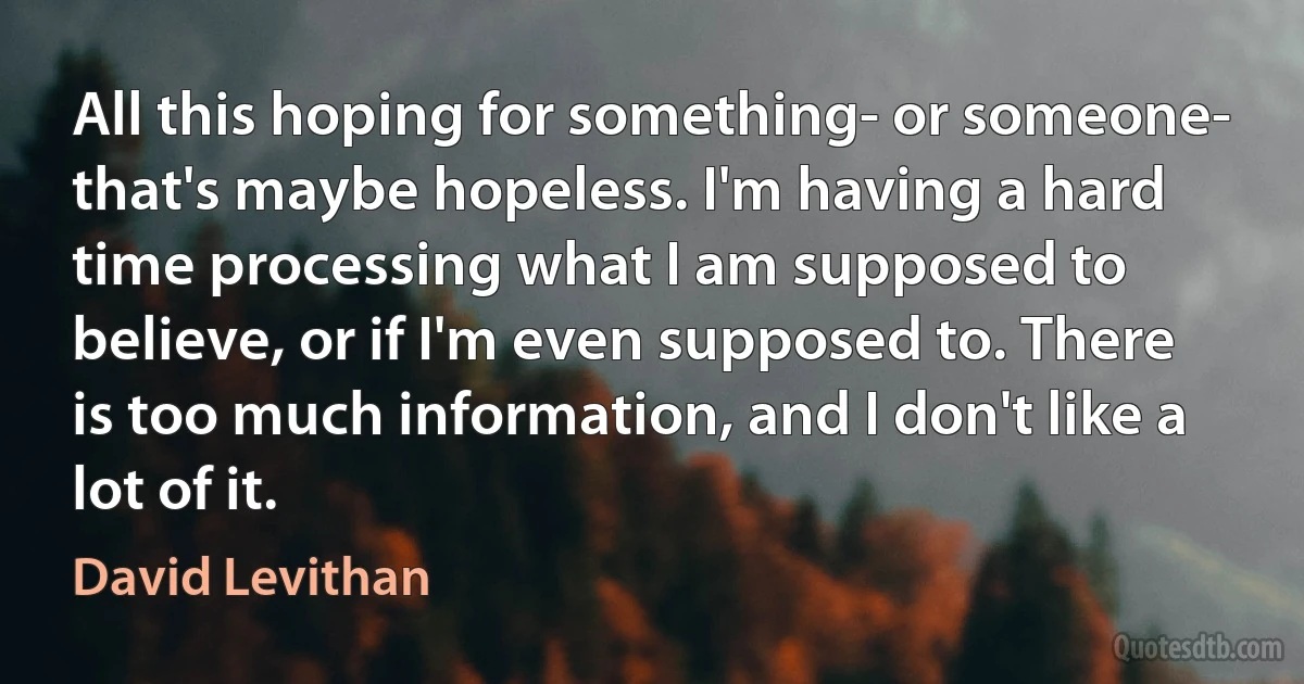 All this hoping for something- or someone- that's maybe hopeless. I'm having a hard time processing what I am supposed to believe, or if I'm even supposed to. There is too much information, and I don't like a lot of it. (David Levithan)