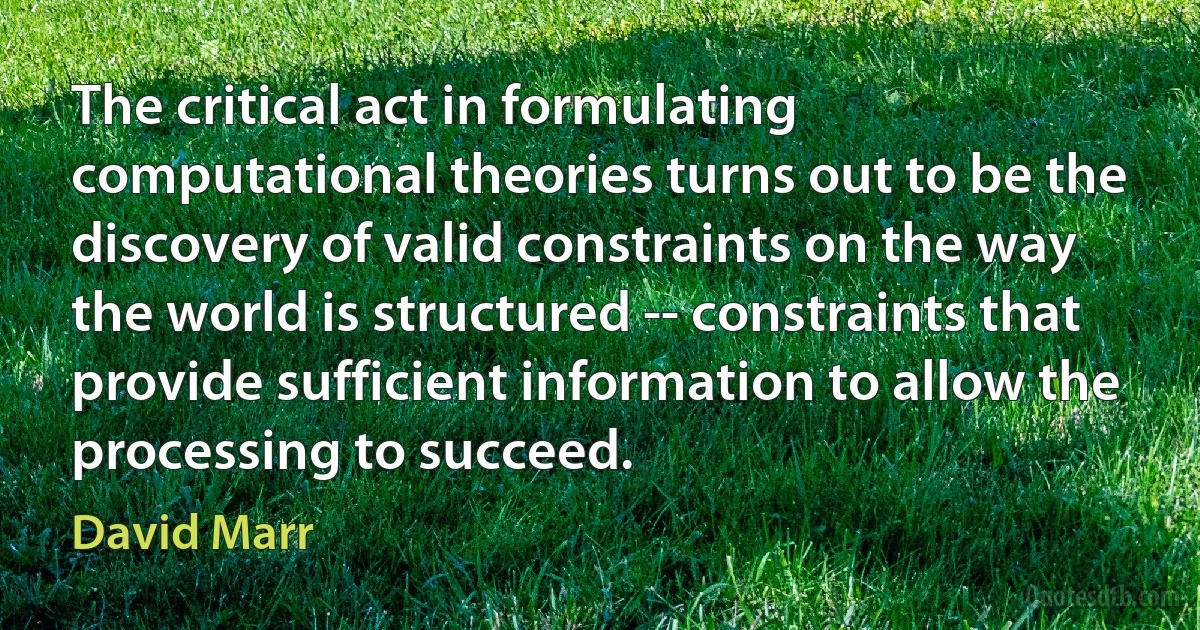 The critical act in formulating computational theories turns out to be the discovery of valid constraints on the way the world is structured -- constraints that provide sufficient information to allow the processing to succeed. (David Marr)