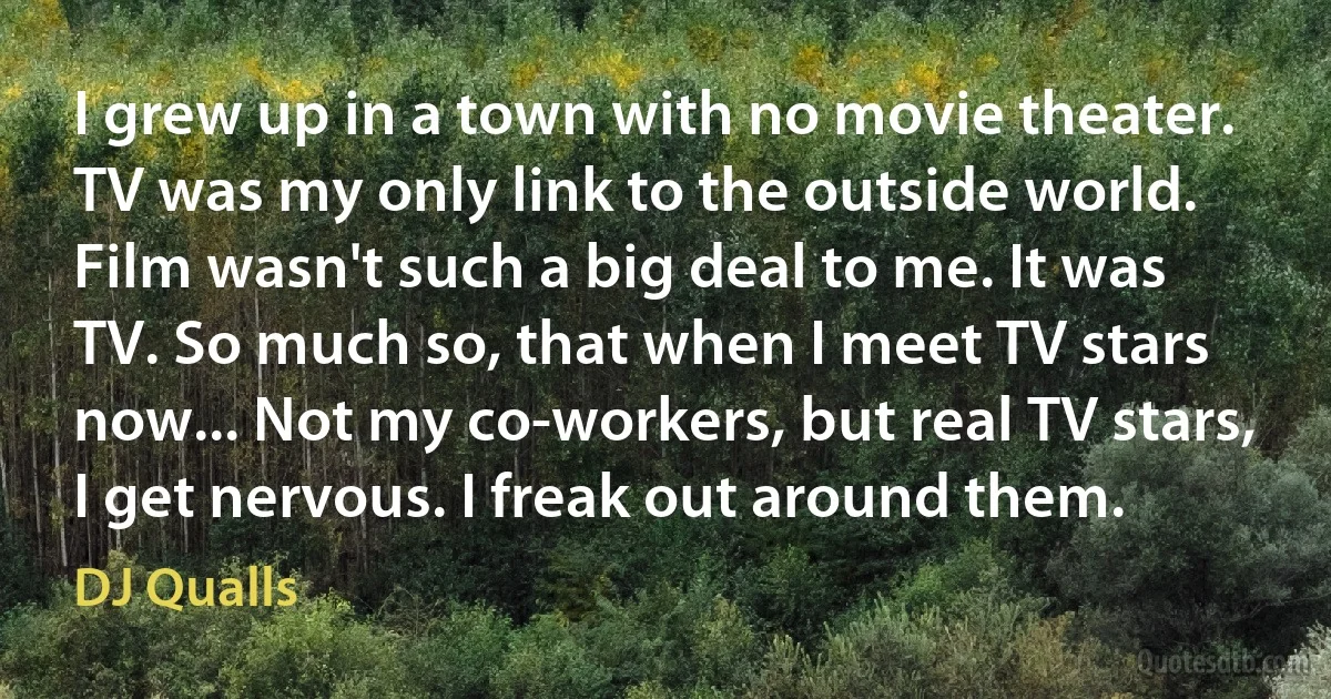 I grew up in a town with no movie theater. TV was my only link to the outside world. Film wasn't such a big deal to me. It was TV. So much so, that when I meet TV stars now... Not my co-workers, but real TV stars, I get nervous. I freak out around them. (DJ Qualls)