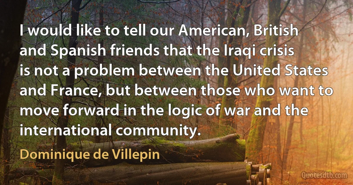 I would like to tell our American, British and Spanish friends that the Iraqi crisis is not a problem between the United States and France, but between those who want to move forward in the logic of war and the international community. (Dominique de Villepin)