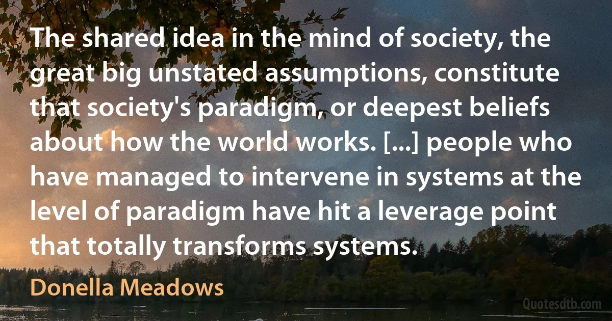 The shared idea in the mind of society, the great big unstated assumptions, constitute that society's paradigm, or deepest beliefs about how the world works. [...] people who have managed to intervene in systems at the level of paradigm have hit a leverage point that totally transforms systems. (Donella Meadows)