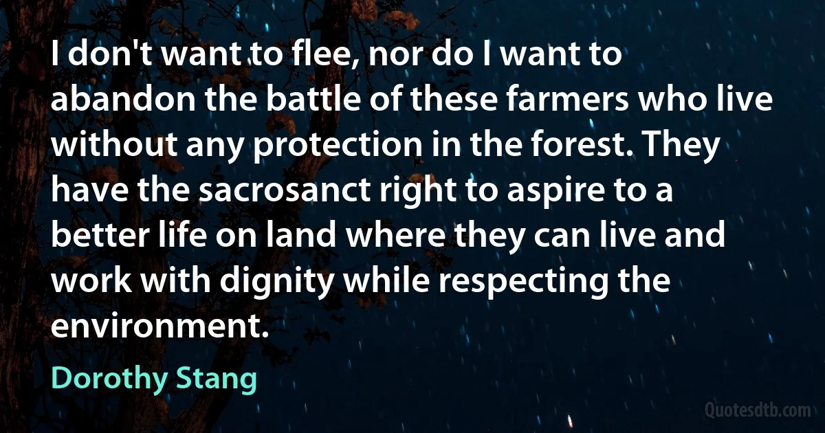 I don't want to flee, nor do I want to abandon the battle of these farmers who live without any protection in the forest. They have the sacrosanct right to aspire to a better life on land where they can live and work with dignity while respecting the environment. (Dorothy Stang)