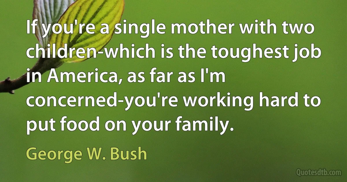 If you're a single mother with two children-which is the toughest job in America, as far as I'm concerned-you're working hard to put food on your family. (George W. Bush)