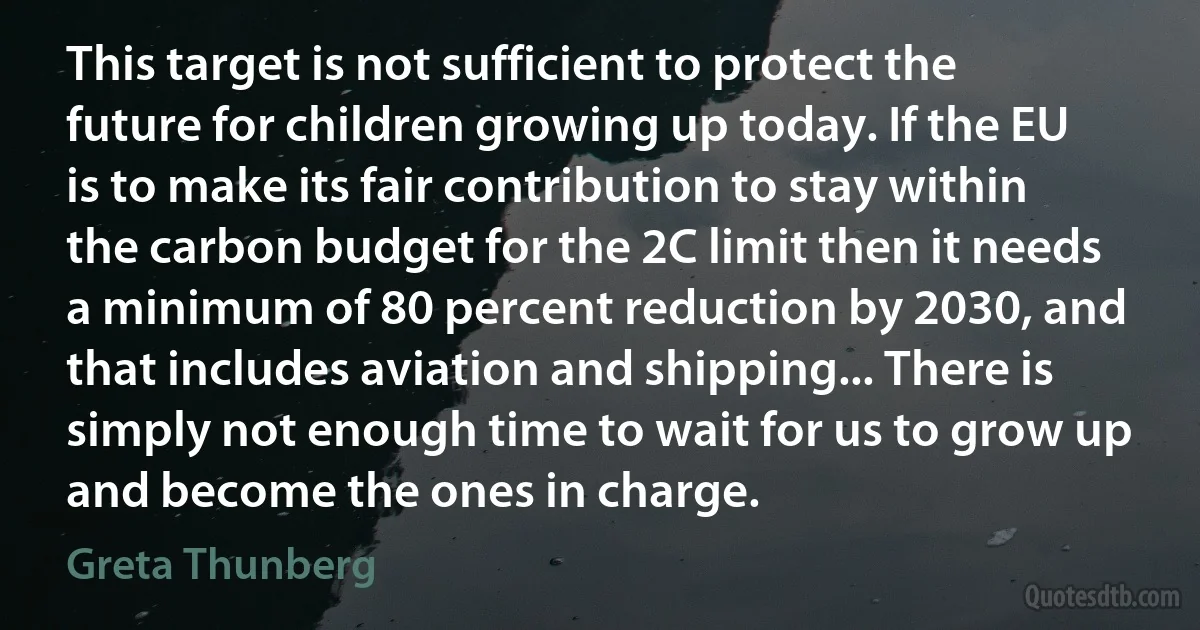 This target is not sufficient to protect the future for children growing up today. If the EU is to make its fair contribution to stay within the carbon budget for the 2C limit then it needs a minimum of 80 percent reduction by 2030, and that includes aviation and shipping... There is simply not enough time to wait for us to grow up and become the ones in charge. (Greta Thunberg)