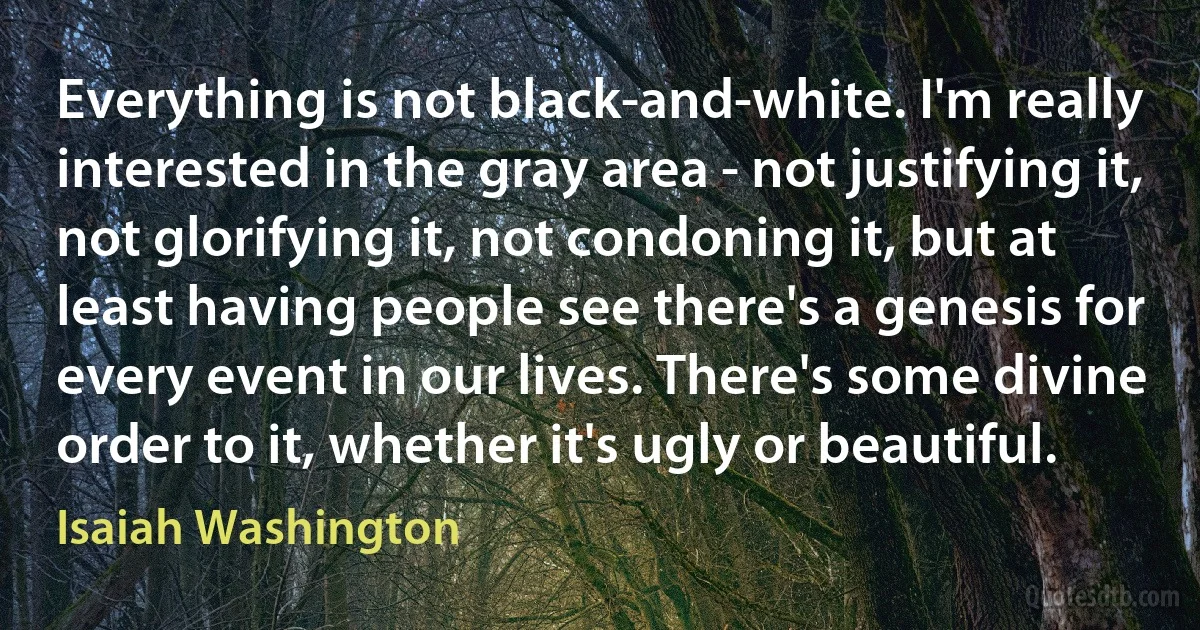 Everything is not black-and-white. I'm really interested in the gray area - not justifying it, not glorifying it, not condoning it, but at least having people see there's a genesis for every event in our lives. There's some divine order to it, whether it's ugly or beautiful. (Isaiah Washington)