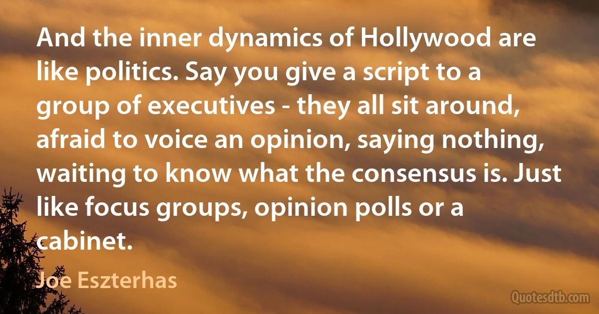 And the inner dynamics of Hollywood are like politics. Say you give a script to a group of executives - they all sit around, afraid to voice an opinion, saying nothing, waiting to know what the consensus is. Just like focus groups, opinion polls or a cabinet. (Joe Eszterhas)