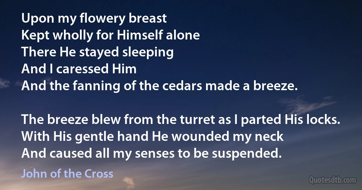 Upon my flowery breast
Kept wholly for Himself alone
There He stayed sleeping
And I caressed Him
And the fanning of the cedars made a breeze.

The breeze blew from the turret as I parted His locks.
With His gentle hand He wounded my neck
And caused all my senses to be suspended. (John of the Cross)