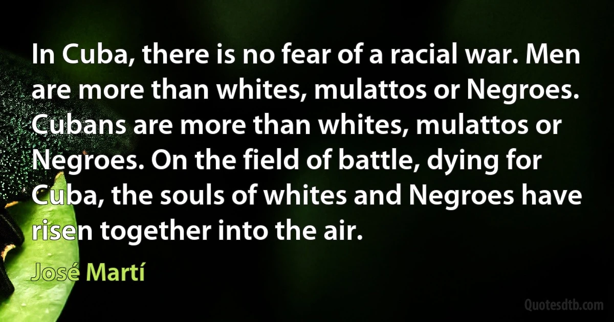 In Cuba, there is no fear of a racial war. Men are more than whites, mulattos or Negroes. Cubans are more than whites, mulattos or Negroes. On the field of battle, dying for Cuba, the souls of whites and Negroes have risen together into the air. (José Martí)