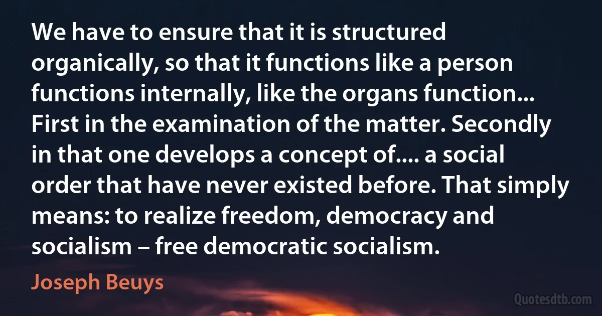 We have to ensure that it is structured organically, so that it functions like a person functions internally, like the organs function... First in the examination of the matter. Secondly in that one develops a concept of.... a social order that have never existed before. That simply means: to realize freedom, democracy and socialism – free democratic socialism. (Joseph Beuys)