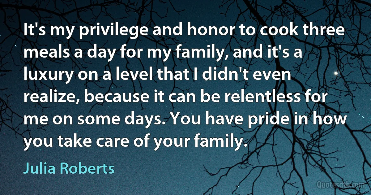 It's my privilege and honor to cook three meals a day for my family, and it's a luxury on a level that I didn't even realize, because it can be relentless for me on some days. You have pride in how you take care of your family. (Julia Roberts)