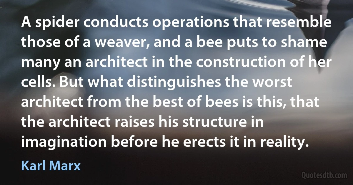 A spider conducts operations that resemble those of a weaver, and a bee puts to shame many an architect in the construction of her cells. But what distinguishes the worst architect from the best of bees is this, that the architect raises his structure in imagination before he erects it in reality. (Karl Marx)