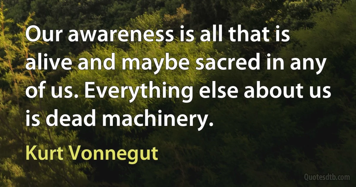 Our awareness is all that is alive and maybe sacred in any of us. Everything else about us is dead machinery. (Kurt Vonnegut)