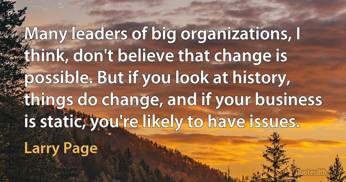 Many leaders of big organizations, I think, don't believe that change is possible. But if you look at history, things do change, and if your business is static, you're likely to have issues. (Larry Page)