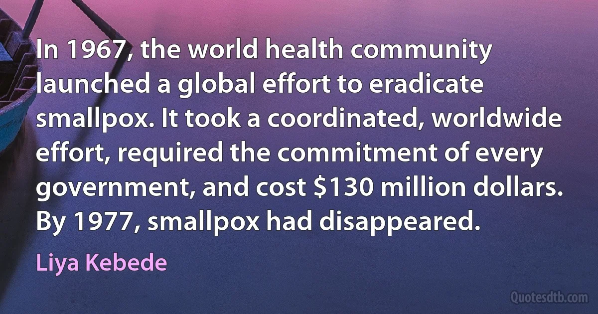 In 1967, the world health community launched a global effort to eradicate smallpox. It took a coordinated, worldwide effort, required the commitment of every government, and cost $130 million dollars. By 1977, smallpox had disappeared. (Liya Kebede)