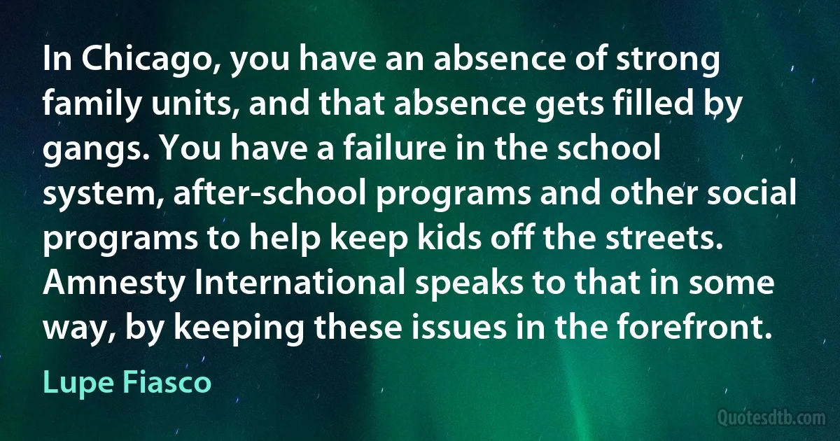 In Chicago, you have an absence of strong family units, and that absence gets filled by gangs. You have a failure in the school system, after-school programs and other social programs to help keep kids off the streets. Amnesty International speaks to that in some way, by keeping these issues in the forefront. (Lupe Fiasco)