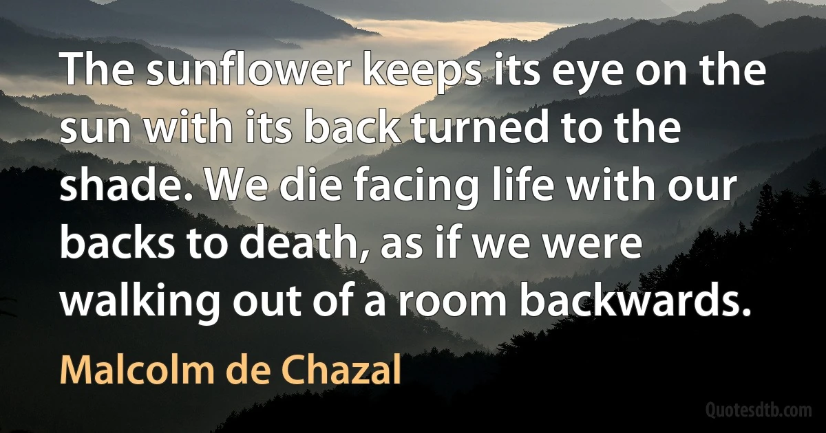 The sunflower keeps its eye on the sun with its back turned to the shade. We die facing life with our backs to death, as if we were walking out of a room backwards. (Malcolm de Chazal)