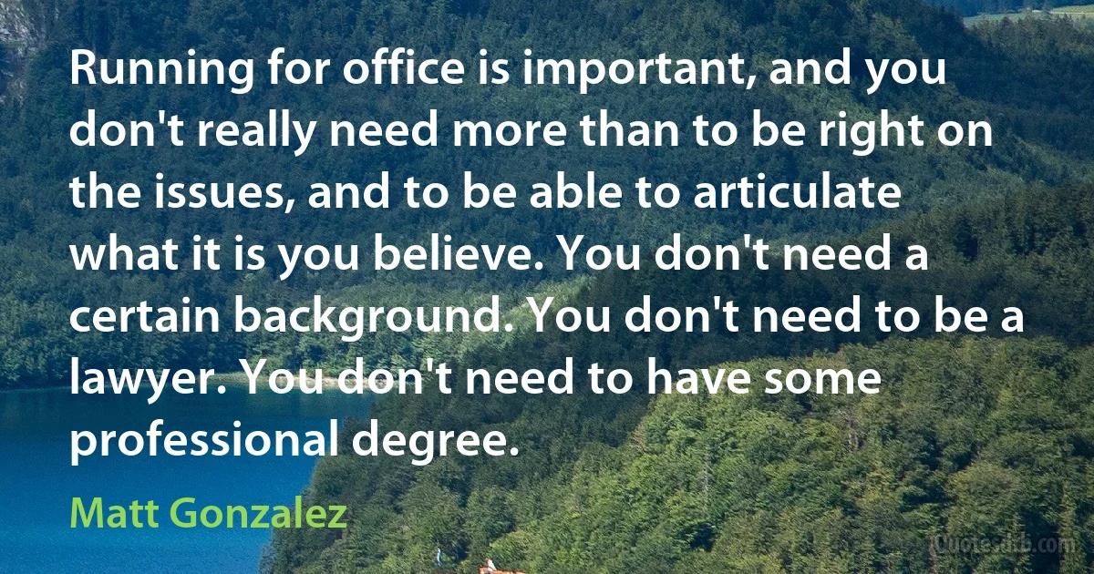 Running for office is important, and you don't really need more than to be right on the issues, and to be able to articulate what it is you believe. You don't need a certain background. You don't need to be a lawyer. You don't need to have some professional degree. (Matt Gonzalez)