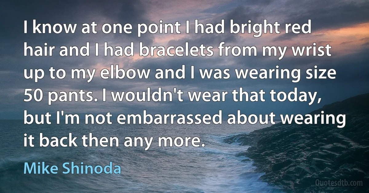 I know at one point I had bright red hair and I had bracelets from my wrist up to my elbow and I was wearing size 50 pants. I wouldn't wear that today, but I'm not embarrassed about wearing it back then any more. (Mike Shinoda)