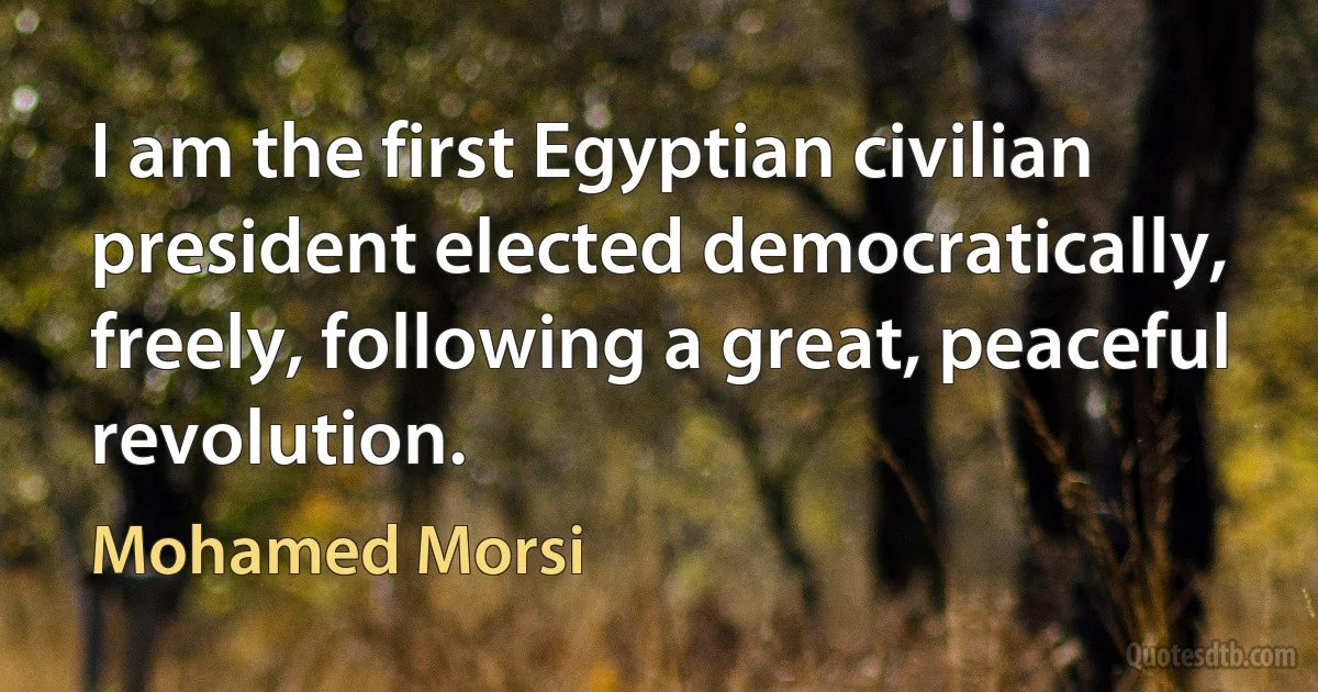 I am the first Egyptian civilian president elected democratically, freely, following a great, peaceful revolution. (Mohamed Morsi)