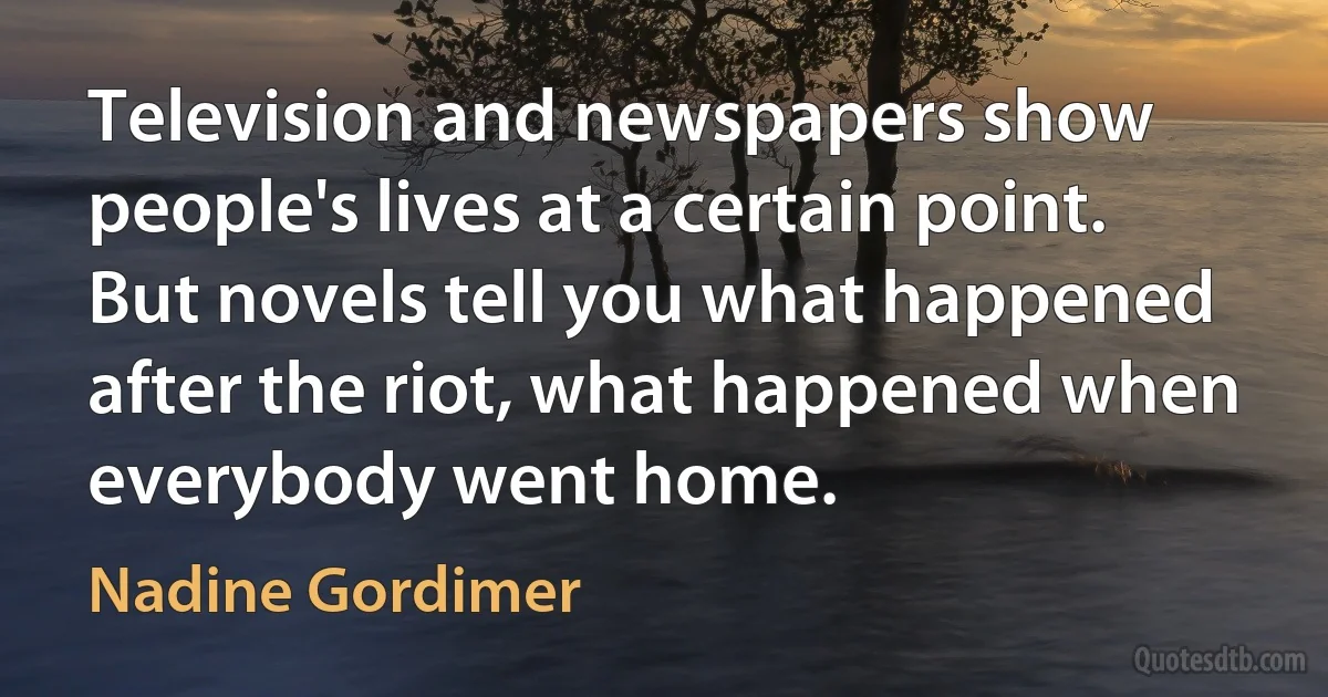 Television and newspapers show people's lives at a certain point. But novels tell you what happened after the riot, what happened when everybody went home. (Nadine Gordimer)