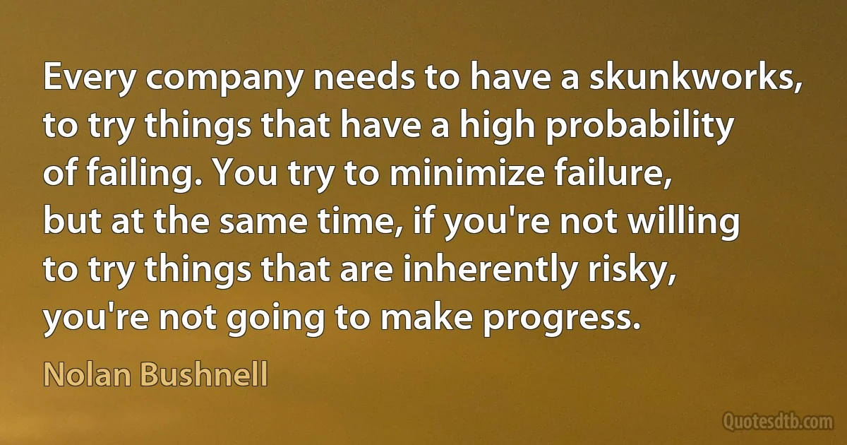 Every company needs to have a skunkworks, to try things that have a high probability of failing. You try to minimize failure, but at the same time, if you're not willing to try things that are inherently risky, you're not going to make progress. (Nolan Bushnell)