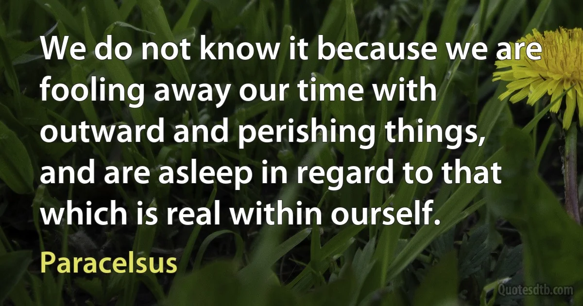 We do not know it because we are fooling away our time with outward and perishing things, and are asleep in regard to that which is real within ourself. (Paracelsus)