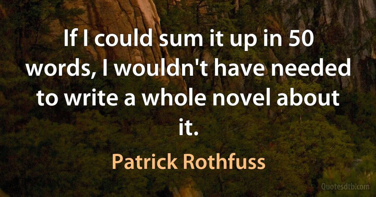 If I could sum it up in 50 words, I wouldn't have needed to write a whole novel about it. (Patrick Rothfuss)