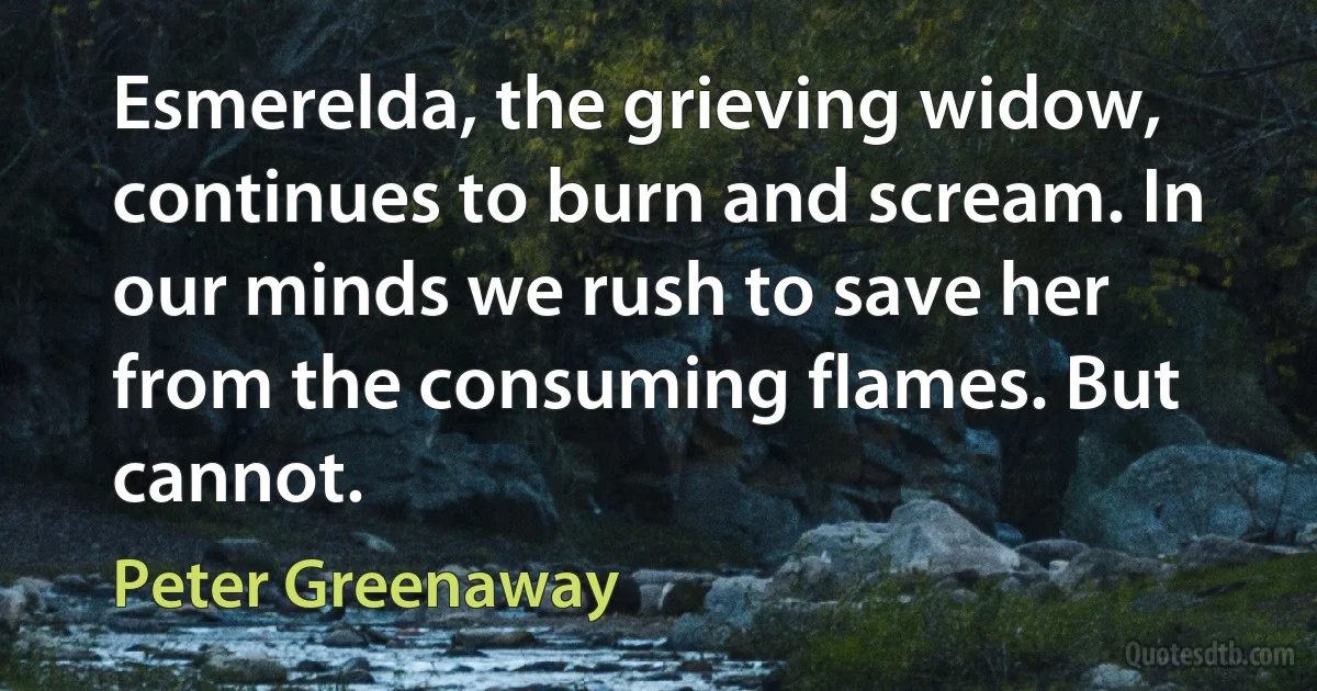 Esmerelda, the grieving widow, continues to burn and scream. In our minds we rush to save her from the consuming flames. But cannot. (Peter Greenaway)