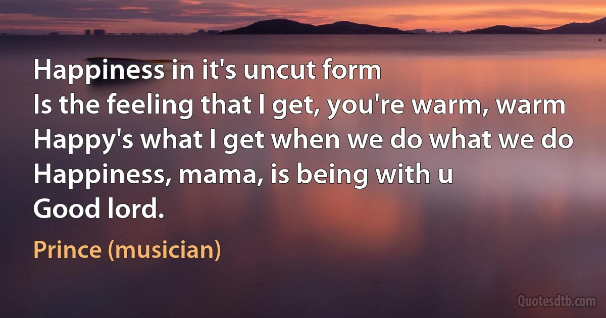 Happiness in it's uncut form
Is the feeling that I get, you're warm, warm
Happy's what I get when we do what we do
Happiness, mama, is being with u
Good lord. (Prince (musician))