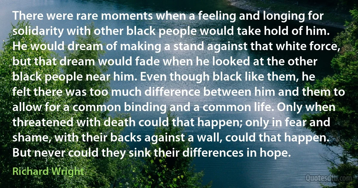 There were rare moments when a feeling and longing for solidarity with other black people would take hold of him. He would dream of making a stand against that white force, but that dream would fade when he looked at the other black people near him. Even though black like them, he felt there was too much difference between him and them to allow for a common binding and a common life. Only when threatened with death could that happen; only in fear and shame, with their backs against a wall, could that happen. But never could they sink their differences in hope. (Richard Wright)