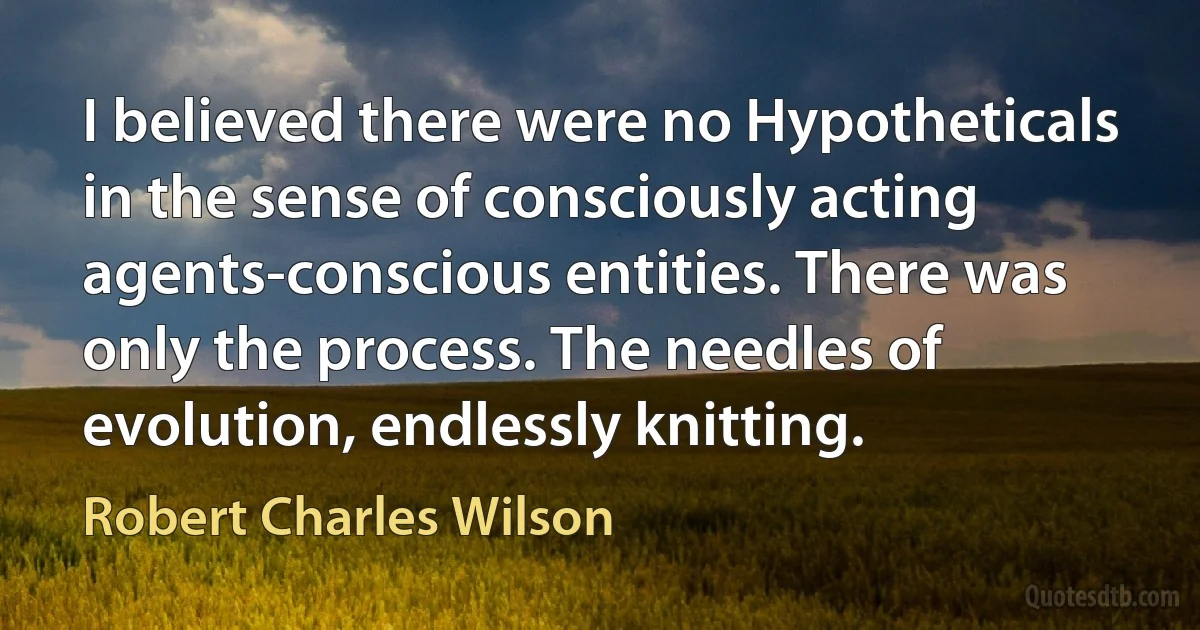 I believed there were no Hypotheticals in the sense of consciously acting agents-conscious entities. There was only the process. The needles of evolution, endlessly knitting. (Robert Charles Wilson)