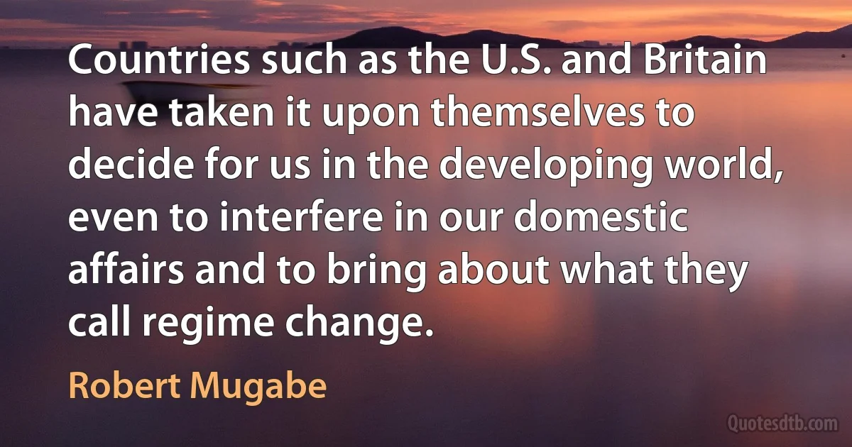 Countries such as the U.S. and Britain have taken it upon themselves to decide for us in the developing world, even to interfere in our domestic affairs and to bring about what they call regime change. (Robert Mugabe)