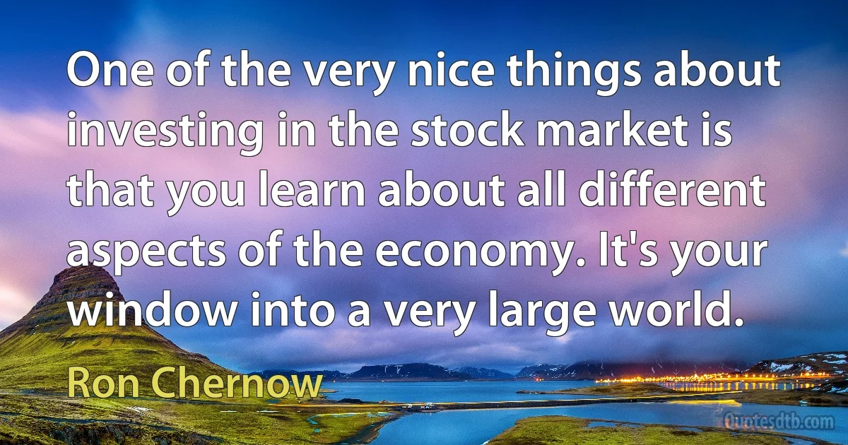 One of the very nice things about investing in the stock market is that you learn about all different aspects of the economy. It's your window into a very large world. (Ron Chernow)