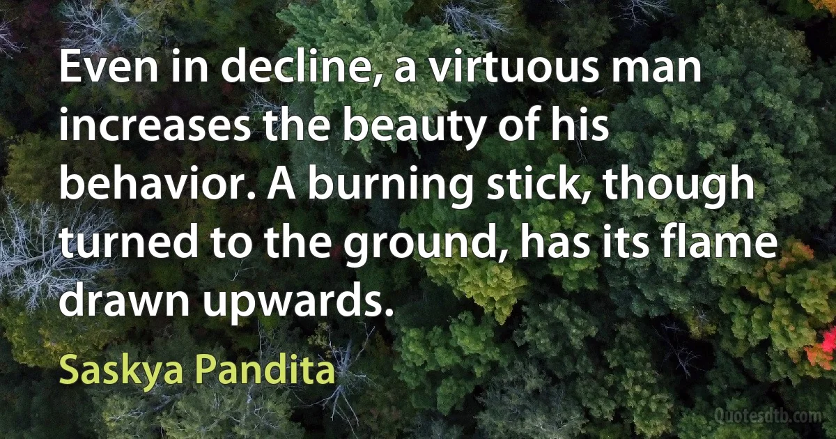 Even in decline, a virtuous man increases the beauty of his behavior. A burning stick, though turned to the ground, has its flame drawn upwards. (Saskya Pandita)