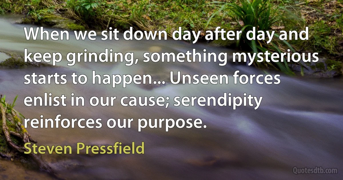 When we sit down day after day and keep grinding, something mysterious starts to happen... Unseen forces enlist in our cause; serendipity reinforces our purpose. (Steven Pressfield)