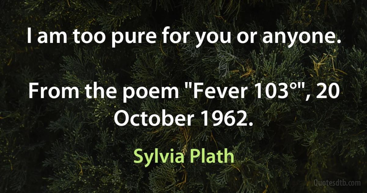 I am too pure for you or anyone.

From the poem "Fever 103°", 20 October 1962. (Sylvia Plath)