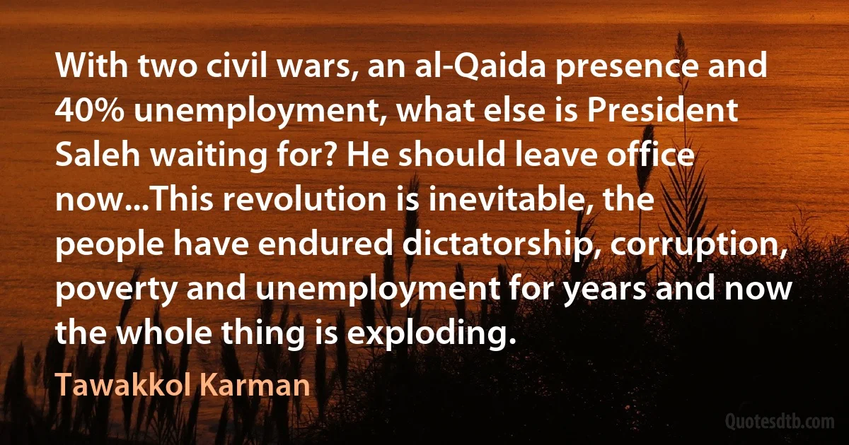 With two civil wars, an al-Qaida presence and 40% unemployment, what else is President Saleh waiting for? He should leave office now...This revolution is inevitable, the people have endured dictatorship, corruption, poverty and unemployment for years and now the whole thing is exploding. (Tawakkol Karman)