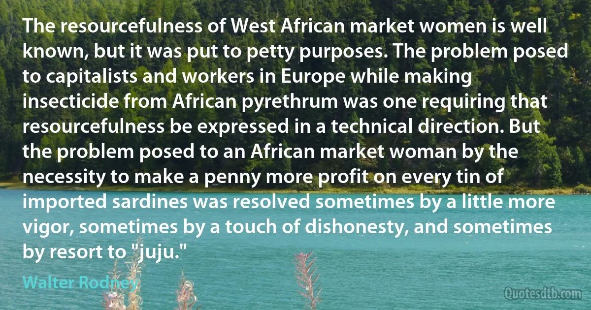 The resourcefulness of West African market women is well known, but it was put to petty purposes. The problem posed to capitalists and workers in Europe while making insecticide from African pyrethrum was one requiring that resourcefulness be expressed in a technical direction. But the problem posed to an African market woman by the necessity to make a penny more profit on every tin of imported sardines was resolved sometimes by a little more vigor, sometimes by a touch of dishonesty, and sometimes by resort to "juju." (Walter Rodney)