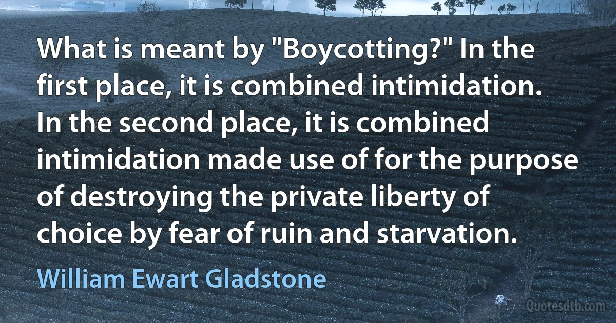 What is meant by "Boycotting?" In the first place, it is combined intimidation. In the second place, it is combined intimidation made use of for the purpose of destroying the private liberty of choice by fear of ruin and starvation. (William Ewart Gladstone)