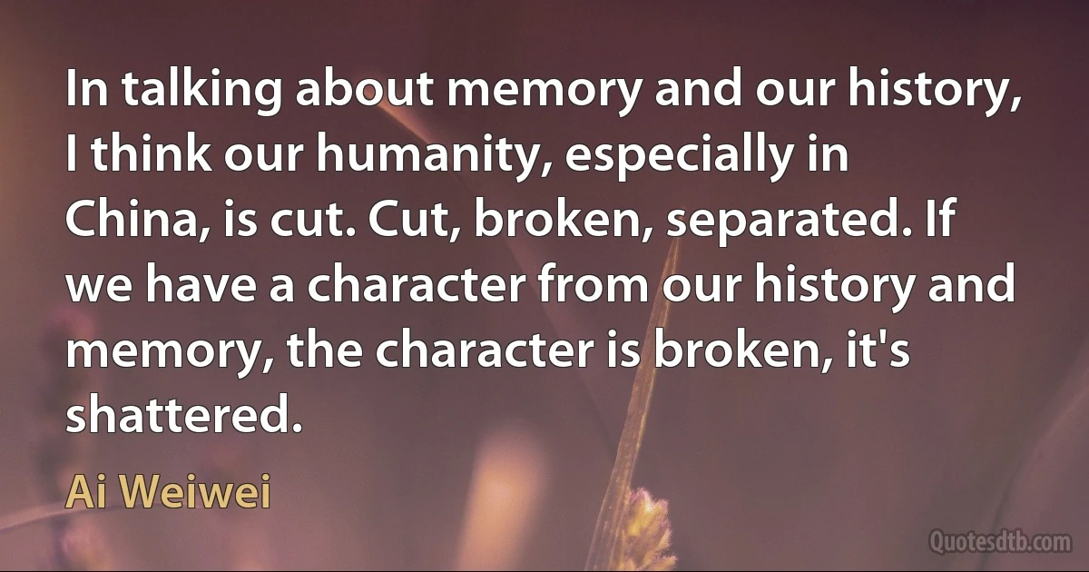 In talking about memory and our history, I think our humanity, especially in China, is cut. Cut, broken, separated. If we have a character from our history and memory, the character is broken, it's shattered. (Ai Weiwei)