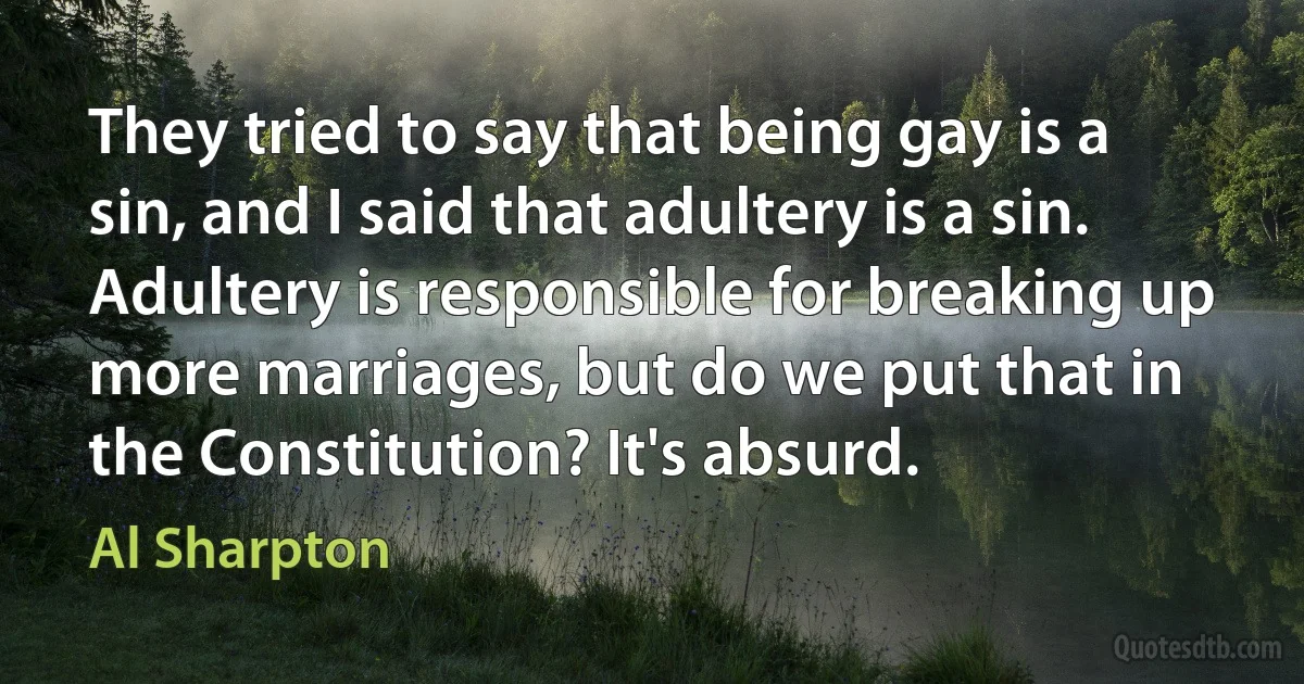 They tried to say that being gay is a sin, and I said that adultery is a sin. Adultery is responsible for breaking up more marriages, but do we put that in the Constitution? It's absurd. (Al Sharpton)