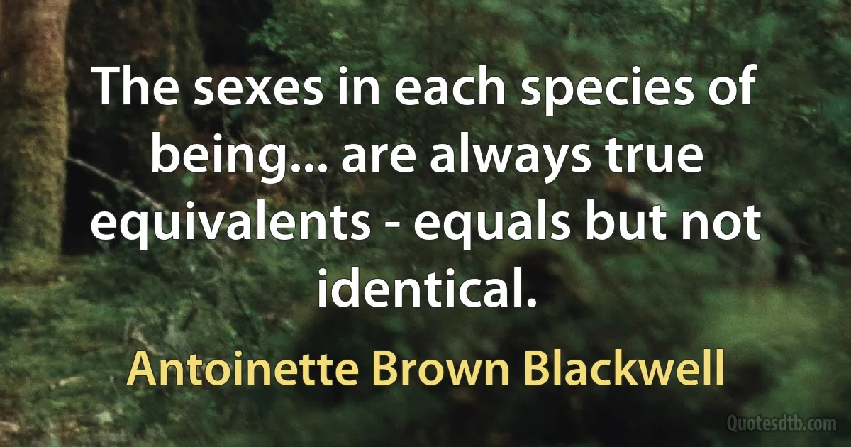 The sexes in each species of being... are always true equivalents - equals but not identical. (Antoinette Brown Blackwell)