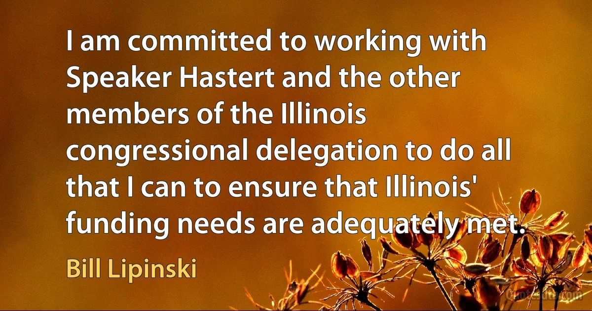 I am committed to working with Speaker Hastert and the other members of the Illinois congressional delegation to do all that I can to ensure that Illinois' funding needs are adequately met. (Bill Lipinski)