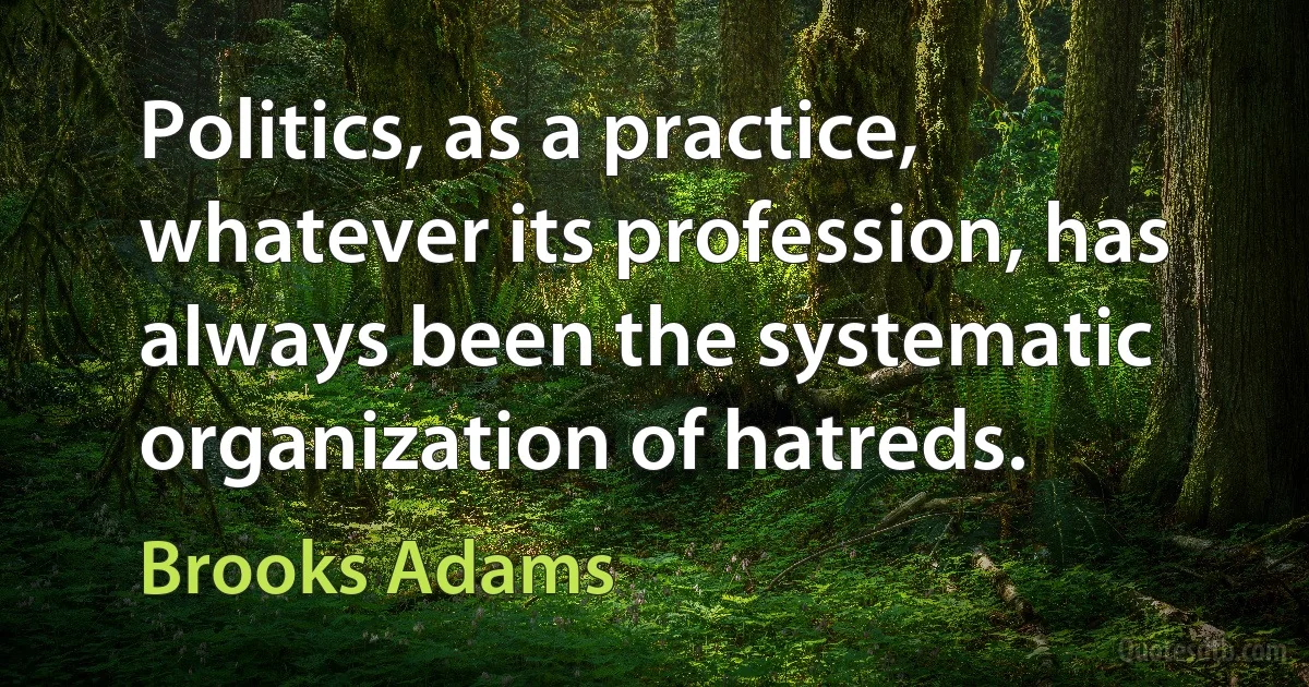 Politics, as a practice, whatever its profession, has always been the systematic organization of hatreds. (Brooks Adams)