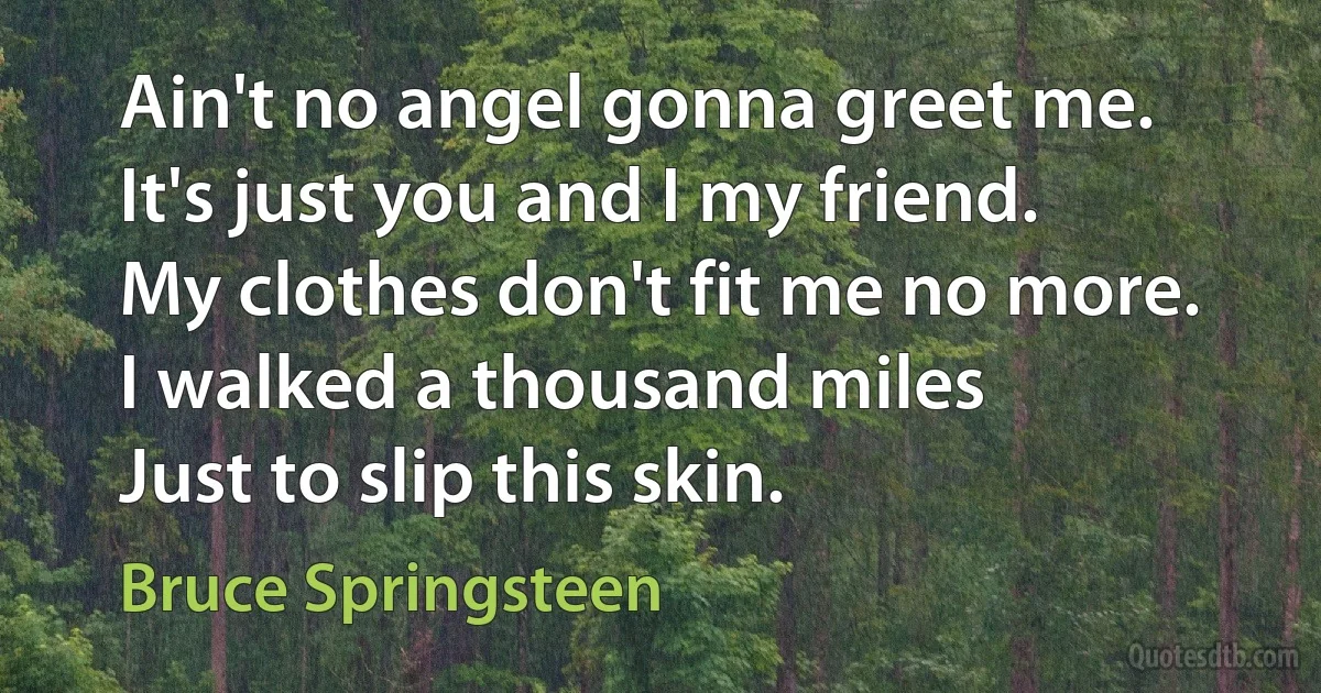 Ain't no angel gonna greet me.
It's just you and I my friend.
My clothes don't fit me no more.
I walked a thousand miles
Just to slip this skin. (Bruce Springsteen)